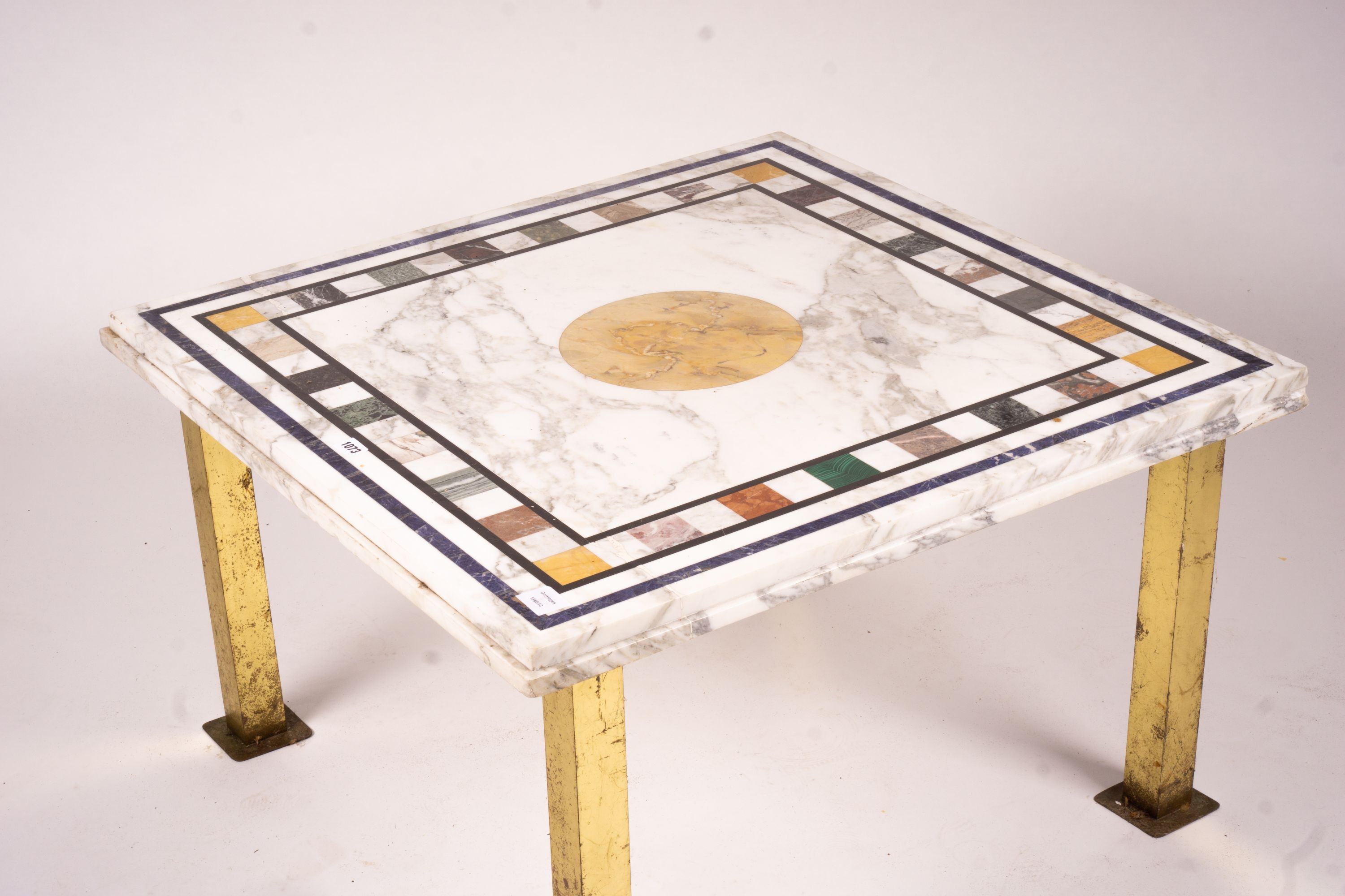 A square specimen marble and brass top low coffee table, width 86cm, height 52cm